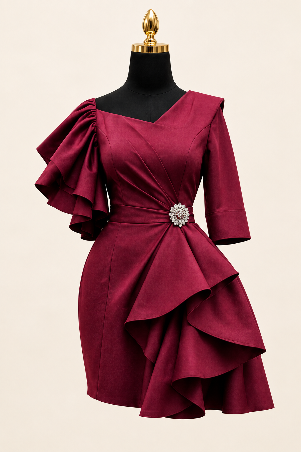Burgundy statement dress with a sculpted neckline and ruffled sleeve.